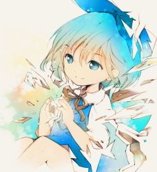 Rule 34 | 1girl, blue eyes, blue hair, bow, cirno, hair bow, ice, ichizen (o tori), matching hair/eyes, md5 mismatch, resolution mismatch, ribbon, short hair, smile, solo, source larger, touhou, wings