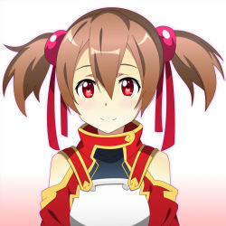Rule 34 | 10s, 1girl, armor, breastplate, brown hair, hair between eyes, highres, looking at viewer, red eyes, red ribbon, ribbon, short twintails, silica, smile, solo, spiceg, sword art online, twintails, upper body