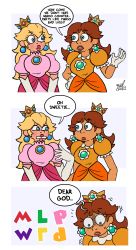 Rule 34 | 2021, 2girls, absurdres, blonde hair, blue eyes, brown hair, comic, crown, dress, earrings, elbow gloves, english text, female focus, gloves, highres, jewelry, looking at another, mario (series), multiple girls, nintendo, orange dress, pink dress, princess daisy, princess peach, puffy short sleeves, puffy sleeves, short sleeves, signature, super mario bros. 1, super mario land, tan, trait connection, white gloves, zal-cryptid