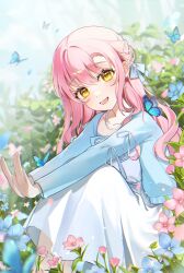 Rule 34 | 1girl, absurdres, flower, highres, long hair, long sleeves, looking at viewer, original, outdoors, pink hair, smile, solo, yellow eyes, youwon0417