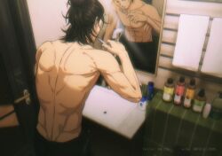 1boy abs bathroom black_pants bottle brown_hair brushing_teeth closed_eyes eren_yeager from_above hair_bun highres male_focus medium_hair muscular muscular_male niku_(ni23ku) pants shingeki_no_kyojin sink solo toothbrush topless_male towel twitter_username upper_body