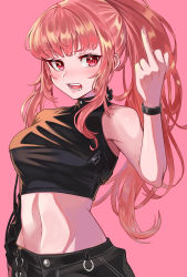 Rule 34 | 1girl, absurdres, black pants, black tank top, blush, bracelet, groin, highres, hololive, hololive english, jewelry, kiwwwwwi, long hair, looking at viewer, middle finger, midriff, mori calliope, navel, pants, pink background, pink hair, ponytail, red eyes, solo, tank top, virtual youtuber