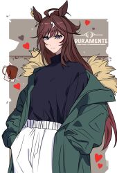 Rule 34 | 1girl, ahoge, alternate costume, animal ears, black shirt, blue eyes, brown hair, casual, character name, closed mouth, coat, coffee cup, cowboy shot, cup, disposable cup, duramente (umamusume), fur-trimmed coat, fur trim, green coat, hands in own hair, heart, highres, horse ears, kukmmo, long hair, long sleeves, looking at viewer, multicolored hair, open clothes, open coat, pants, shirt, shirt tucked in, solo, streaked hair, turtleneck, umamusume, white pants