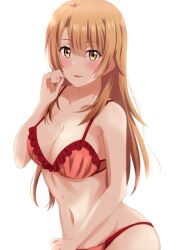 Rule 34 | 1girl, alternate hair length, alternate hairstyle, bikini, blush, breasts, brown eyes, brown hair, cleavage, commentary request, cowboy shot, dars (recolors), frilled bikini, frills, hair between eyes, isshiki iroha, large breasts, long hair, looking at viewer, navel, parted lips, red bikini, simple background, solo, standing, swimsuit, white background, yahari ore no seishun lovecome wa machigatteiru.