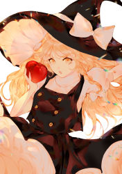 Rule 34 | 1girl, :o, arm up, black hat, black skirt, black vest, blonde hair, bow, braid, breasts, buttons, chromatic aberration, commentary request, cowboy shot, food, fruit, hair bow, hair ribbon, hand up, hat, hat bow, highres, holding, holding food, holding fruit, kirisame marisa, lens flare, long hair, looking at viewer, open mouth, outstretched arm, petticoat, puffy short sleeves, puffy sleeves, ribbon, short sleeves, shru (ss sl99), side braid, simple background, single braid, skirt, small breasts, solo, touhou, tress ribbon, vest, white background, white bow, witch hat, yellow eyes