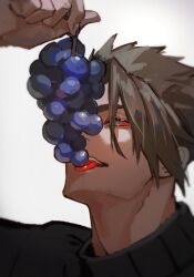 Rule 34 | 1boy, achilles (fate), black shirt, brown hair, eating, fate/apocrypha, fate (series), food, fruit, grapes, haruakira, highres, holding, holding food, holding fruit, looking at viewer, male focus, red eyes, ribbed shirt, shirt, short hair, simple background, solo, teeth, tongue, tongue out, upper body, upper teeth only, white background