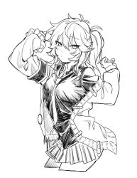 Rule 34 | 1girl, blush, buntyou tn, cardigan, collared shirt, cropped legs, expressionless, greyscale, kasukabe tsumugi, long hair, looking at viewer, miniskirt, monochrome, necktie, open cardigan, open clothes, shirt, side ponytail, simple background, sketch, skirt, solo, voicevox