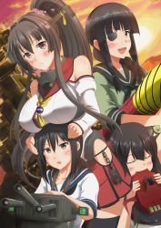 Rule 34 | 10s, 4girls, akagi (kancolle), black eyes, black hair, blunt bangs, breast rest, breasts, breasts on head, brown hair, cloud, covered erect nipples, detached sleeves, eating, eyepatch, female focus, fubuki (kancolle), hair ornament, hairband, ichikawa feesu, kantai collection, kitakami (kancolle), large breasts, looking at viewer, miniskirt, multiple girls, nontraditional miko, outdoors, personification, pleated skirt, skirt, sky, sunset, uchuu senkan yamato, yamato (kancolle)