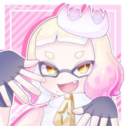 Rule 34 | 1girl, artist name, black gloves, border, bright pupils, commentary request, crown, fang, fingerless gloves, gloves, gradient hair, inkling, looking at viewer, medium hair, multicolored hair, nintendo, open mouth, outside border, pearl (splatoon), pink background, pink hair, smile, solo, splatoon (series), star-shaped pupils, star (symbol), symbol-shaped pupils, tentacle hair, thick eyebrows, tonbofree, twitter username, two-tone hair, upper body, white border, white hair, white pupils, yellow eyes