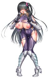 Rule 34 | 1girl, absurdres, black hair, blue eyes, bodysuit, breasts, breasts out, covered navel, curvy, full body, heavy breathing, highres, huge breasts, ichimonji meiko, injury, lilith-soft, long hair, nipples, official art, open mouth, pussy juice, shiny clothes, shiny skin, side ponytail, simple background, skin tight, solo, taimanin (series), taimanin rpgx, taimanin suit, tongue, tongue out, torn clothes, very long hair, weapon, wide hips, zol