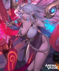 Rule 34 | 1girl, absurdres, arena of valor, blue eyes, breasts, cleavage, collar, dynamic pose, eyelashes, eyeliner, eyeshadow, floating hair, gauntlets, glowing, grey hair, highres, holding, holding weapon, hyulla, large breasts, leaning forward, long hair, makeup, official art, open mouth, pelvic curtain, pink eyeshadow, pink lips, pointy ears, red eyeshadow, rope, solo, swept bangs, teeth, thick thighs, thighs, very long hair, weapon