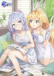 Rule 34 | 2girls, absurdres, ahoge, azur lane, blonde hair, cellphone, copyright name, glasses, green eyes, highres, indoors, l&#039;opiniatre (azur lane), le temeraire (azur lane), magazine (object), multiple girls, phone, plant, purple hair, siblings, sisters, smartphone, twintails, window shadow, yoshito