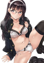 Rule 34 | 1girl, arm support, black eyes, black footwear, black hair, black thighhighs, blush, bow, bow bra, bow panties, bra, breasts, cleavage, collarbone, frilled bra, frilled panties, frills, gakuran, glasses, hairband, highres, lace, lace-trimmed bra, lace-trimmed panties, lace trim, long hair, nagayori, navel, open clothes, original, panties, parted lips, polka dot, polka dot bra, polka dot panties, school uniform, simple background, solo, thighhighs, unbuttoned, underwear, white background, white bra, white panties