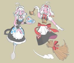 Rule 34 | 1girl, absurdres, broom, choker, colored skin, cup, gloves, heart, heart-shaped pupils, highres, maid, maid headdress, no straight roads, pink skin, sayu (no straight roads), short hair, solo, symbol-shaped pupils, teacup, white gloves