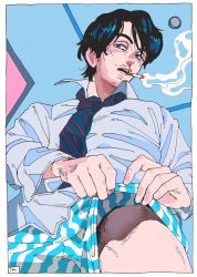 Rule 34 | 1boy, blue eyes, blue hair, boxers, cigarette, collared shirt, facial hair, from below, indoors, kaneoya sachiko, lips, looking at viewer, male focus, male underwear, male underwear pull, mouth hold, necktie, original, parted bangs, parted lips, shirt, short hair, smoking, solo, striped, stubble, underwear, yoiko yokochou