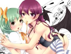 Rule 34 | 2girls, ass, ass cutout, bad id, bad pixiv id, bare shoulders, bat wings, black panties, breasts, butt crack, clothing cutout, daiyousei, earrings, embodiment of scarlet devil, female focus, geike, green eyes, green hair, head wings, highres, holding hands, jewelry, koakuma, long hair, medium breasts, multiple girls, navel, open clothes, open shirt, panties, pointy ears, red eyes, red hair, shirt, short hair, side ponytail, striped clothes, striped legwear, striped thighhighs, thighhighs, touhou, underwear, wings, yuri