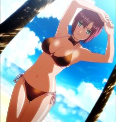 Rule 34 | 10s, 1girl, armpits, arms behind head, bikini, breasts, cleavage, green eyes, highres, large breasts, navel, pink hair, red hair, rio -rainbow gate!-, rio rollins, screencap, short hair, side-tie bikini bottom, smile, solo, stitched, super blackjack, swimsuit, third-party edit