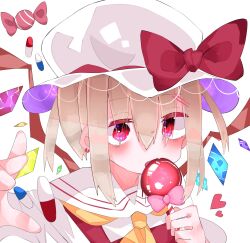 Rule 34 | 1girl, ascot, blonde hair, candy, candy apple, eating, flandre scarlet, food, hat, highres, looking at viewer, medium hair, mob cap, nacht musik, pill, red eyes, red ribbon, ribbon, sailor collar, solo, touhou, upper body, yellow ascot