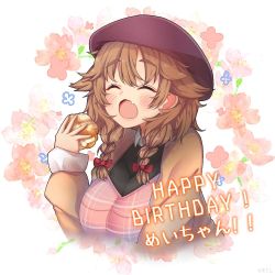 Rule 34 | 1girl, :o, ^ ^, a5g7a5d8, beret, blush, bow, braid, brown hair, brown jacket, closed eyes, cream puff, fang, floral background, food, hair bow, happy birthday, hat, holding, holding food, jacket, long sleeves, nijisanji, red bow, red hat, solo, twin braids, upper body, virtual youtuber, warabeda meijii