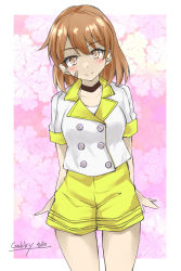 Rule 34 | 1girl, bandaid, bandaid on face, brown hair, buttons, choker, double-breasted, gakky, grey eyes, kantai collection, looking at viewer, oboro (kancolle), official alternate costume, one-hour drawing challenge, shirt, short hair, short sleeves, shorts, solo, white shirt, yellow shorts