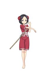 Rule 34 | 1girl, barefoot, black eyes, black hair, feet, flower, full body, hair flower, hair ornament, highres, looking at viewer, official art, princess principal, princess principal game of mission, short hair, smile, solo, standing, stick, stretching, toudou chise, transparent background