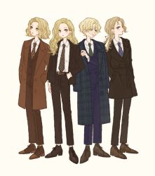 Rule 34 | 4girls, arm at side, arm out of sleeve, belt, black footwear, black jacket, black pants, black suit, blonde hair, blue coat, blue eyes, blue necktie, blue pants, blue suit, bright pupils, brown belt, brown coat, brown jacket, brown necktie, brown pants, buttons, closed mouth, coat, collared shirt, commentary, cross-laced footwear, diagonal-striped clothes, diagonal-striped necktie, double-breasted, dress shirt, formal, full body, glasses, green eyes, green necktie, grey eyes, hair over one eye, hair over shoulder, hand in pocket, highres, jacket, lapels, long eyelashes, long hair, long sleeves, looking ahead, looking away, looking to the side, low ponytail, multiple girls, necktie, notched lapels, one eye covered, open clothes, open coat, open jacket, original, overcoat, pants, parted bangs, parted lips, plaid, plaid coat, red lips, retro artstyle, rikuwo, shirt, shoes, short hair, simple background, standing, striped clothes, suit, wavy hair, white pupils, white shirt, yellow-framed eyewear