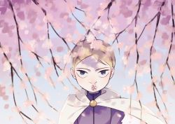 Rule 34 | 1boy, blonde hair, cape, commentary request, daida, day, flower, flower in mouth, looking at viewer, male focus, mouth hold, nikomi (nikomix), ousama ranking, outdoors, petals, pink flower, purple eyes, purple shirt, shirt, short hair, solo, upper body, white cape