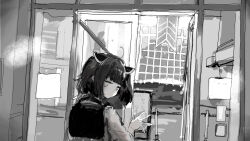 1girl backpack bag blunt_bangs building closed_mouth commentary_request dutch_angle expressionless from_behind glass_door greyscale hand_up headgear highres indoors jitome kabuyama_kaigi long_sleeves looking_at_viewer looking_back monochrome open_door short_hair solo stanchion touhoku_kiritan upper_body voiceroid waving