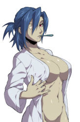 Rule 34 | 1girl, bad id, bad pixiv id, blue hair, bottomless, breasts, choker, cleavage, female focus, ganno, hair over one eye, highres, large breasts, looking at viewer, naked shirt, no bra, no panties, out-of-frame censoring, ponytail, red eyes, scar, shirt, skullgirls, solo, toothbrush, valentine (skullgirls), white background