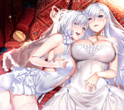 Rule 34 | 2girls, azur lane, bare shoulders, belfast (azur lane), belfast (the pledge of claddagh) (azur lane), blue eyes, braid, breasts, cleavage, collar, covered navel, cowboy shot, crown braid, deras, detached sleeves, dress, earrings, flower, french braid, garter straps, glint, huge breasts, illustrious (azur lane), illustrious (morning star of love and hope) (azur lane), indoors, jewelry, large breasts, long hair, looking at viewer, multiple girls, open mouth, parted lips, short dress, side braid, sidelocks, smile, strapless, strapless dress, thighhighs, tiara, veil, wedding dress, white dress, white hair, white legwear