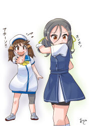 Rule 34 | 1girl, akashieru, bike shorts, bike shorts under skirt, black hair, blue dress, blue sailor collar, brown eyes, brown hair, collared shirt, commentary request, cosplay, dress, dress shirt, feet out of frame, full body, gloves, grey hair, grey sailor collar, hair ribbon, highres, holding, holding clothes, inagi (kancolle), kaiboukan no. 4 (kancolle), kaiboukan no. 4 (kancolle) (cosplay), kantai collection, long hair, ribbon, ryuujou (kancolle), sailor collar, sailor dress, shirt, shoes, simple background, socks, solo, standing, translation request, twintails, uwabaki, white background, white dress, white gloves, white shirt, white socks