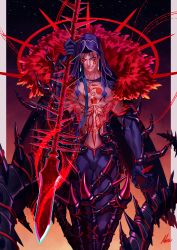 Rule 34 | 1boy, bare pectorals, blue hair, chest tattoo, cowboy shot, cu chulainn (fate), cu chulainn (fate) (all), cu chulainn (fate/stay night), cu chulainn alter (fate), cu chulainn alter (fate/grand order), cu chulainn alter (third ascension) (fate), earrings, facepaint, facial mark, facial tattoo, fate/grand order, fate (series), gae bolg (fate), gloves, gradient background, highres, holding, holding polearm, holding spear, holding weapon, hood, iroha (akei0710), jewelry, lancer, long hair, male focus, pectorals, polearm, red eyes, sharp teeth, solo, spear, spikes, tail, tattoo, teeth, weapon