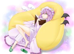 Rule 34 | circled 9, 1girl, asymmetrical wings, barefoot, book, convexer (102), crescent, female focus, green eyes, hat, image sample, long hair, md5 mismatch, patchouli knowledge, pillow, pixiv sample, purple eyes, purple hair, shoes, single shoe, slippers, solo, touhou, wings
