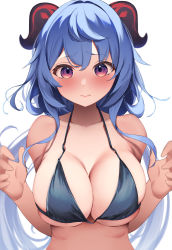 Rule 34 | 1girl, absurdres, bikini, black bikini, blue hair, blush, breasts, cleavage, closed mouth, empty (mn3k yo), ganyu (genshin impact), genshin impact, goat horns, gradient eyes, hands up, highres, horns, large breasts, long hair, looking at viewer, multicolored eyes, purple eyes, simple background, solo, string bikini, swimsuit, white background