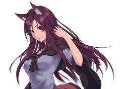 Rule 34 | 1girl, animal ears, breasts, brooch, brown hair, dress, hand in own hair, imaizumi kagerou, jewelry, light smile, long hair, looking at viewer, medium breasts, off-shoulder dress, off shoulder, red eyes, simple background, solo, tenamaru, touhou, white background, wolf ears