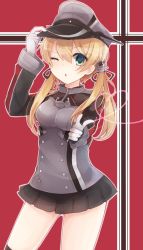 Rule 34 | 10s, 1girl, anchor hair ornament, aqua eyes, black ribbon, black skirt, black thighhighs, blonde hair, blush, chestnut mouth, cowboy shot, cross, gloves, hair ornament, hair ribbon, hand on headwear, hat, heart, iron cross, kantai collection, long hair, long sleeves, low twintails, microskirt, military, military uniform, one eye closed, open mouth, over-kneehighs, peaked cap, pleated skirt, pointing, prinz eugen (kancolle), ribbon, riruno, skirt, solo, thighhighs, twintails, uniform, white gloves