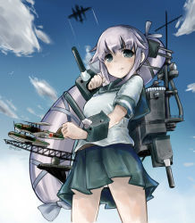 Rule 34 | 10s, 1girl, absurdres, blouse, blue sky, cannon, cloud, day, green eyes, hair ornament, hair ribbon, highres, kantai collection, kazu (really in hot water now), long hair, machinery, panties, pink hair, pleated skirt, ponytail, ribbon, school uniform, seaplane, serafuku, shirt, skirt, sky, smile, solo, turret, underwear, very long hair, white panties, yura (kancolle)