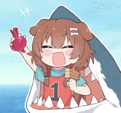 Rule 34 | 1girl, :3, :d, ^ ^, basketball jersey, blush stickers, chibi, closed eyes, commentary, english commentary, food, hammer, holding, holding food, holding hammer, hololive, inugami korone, kukie-nyan, open mouth, raft (game), red tank top, shark, shirt, short sleeves, smile, solo, t-shirt, tank top, twitter username, virtual youtuber
