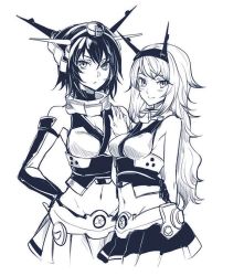 Rule 34 | 10s, 2girls, alternate hair length, alternate hairstyle, bare shoulders, black hair, blush, breasts, elbow gloves, gloves, hairband, hand on another&#039;s hip, headgear, kantai collection, long hair, looking at viewer, medium breasts, midriff, mitsu (tendou itsuki), monochrome, multiple girls, mutsu (kancolle), nagato (kancolle), navel, personification, short hair, simple background, sketch, skirt, small breasts, smile, white background