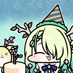 Rule 34 | 1girl, antlers, birthday cake, blue ribbon, blush, braid, braided bangs, breasts, cake, ceres fauna, chibi, closed eyes, flower, food, gradient hair, green hair, hair flower, hair ornament, hat, hololive, hololive english, horns, jazz jack, large breasts, long hair, lowres, mole, mole under eye, multicolored hair, nemu (ceres fauna), one eye closed, open mouth, party hat, ribbon, smile, solo, virtual youtuber, yellow eyes