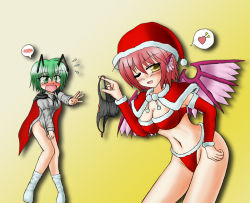 Rule 34 | 2girls, animal ears, blush, bottomless, breasts, cape, capelet, christmas, cleavage, clothes theft, elbow gloves, female focus, gloves, green hair, heart, lingerie, midriff, multiple girls, mystia lorelei, no panties, aged up, one eye closed, open mouth, panties, pink hair, santa costume, smile, spoken blush, spoken heart, tears, theft, touhou, underwear, underwear theft, wings, wink, wriggle nightbug, yani tama