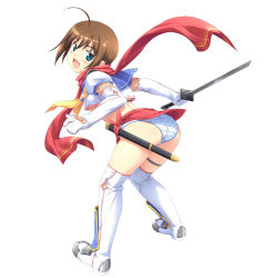 Rule 34 | 1girl, absurdres, ahoge, aqua eyes, ass, bandaid, blush, boots, brown hair, elbow gloves, fishnets, full body, gloves, highres, holding, holding sword, holding weapon, kuuchuu yousai, looking at viewer, looking back, midriff, panties, polka dot, polka dot panties, scarf, short hair, simple background, solo, sword, thigh boots, thighhighs, underwear, weapon, white background