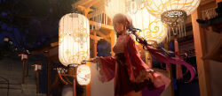 Rule 34 | 1girl, absurdres, architecture, ata-zhubo, chinese clothes, east asian architecture, hair ribbon, hanfu, happy new year, highres, holding, holding lantern, lantern, looking ahead, new year, night, original, outdoors, pink eyes, pink hair, ribbon, shrine, skirt, solo, stairs, standing