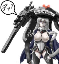 Rule 34 | 10s, 1girl, abyssal ship, adapted costume, alternate costume, bad id, bad pixiv id, blue eyes, bodysuit, breasts, covered erect nipples, gloves, kantai collection, large breasts, laughing octopus, long hair, looking at viewer, metal gear (series), pale skin, saizu nitou gunsou, sgt.size, silver hair, solo, white background, wo-class aircraft carrier