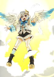 Rule 34 | 1girl, :d, aiguillette, amane kanata, angel, angel wings, armband, asymmetrical bangs, asymmetrical hair, black footwear, black skirt, blue bow, blue bowtie, blue hair, blue socks, blue wings, blush, bob cut, boots, bow, bowtie, colored inner hair, commentary request, feathered wings, feathers, flying, frilled skirt, frills, gingham, gingham legwear, gradient wings, grey jacket, hair over one eye, halo, highres, hololive, homura minori, jacket, legwear garter, long sleeves, looking at viewer, miniskirt, multicolored hair, multicolored wings, open mouth, outstretched arms, purple eyes, shirt, short hair, silver hair, single hair intake, skirt, sleeve cuffs, smile, socks, solo, star halo, turtleneck, virtual youtuber, white shirt, white wings, wide sleeves, wings