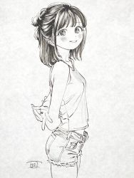 Rule 34 | 1girl, arms behind back, black hair, blush, breasts, commentary request, cowboy shot, from side, greyscale, half updo, highres, hiro (dismaless), looking at viewer, medium hair, midriff, monochrome, one side up, original, parted lips, shirt, shorts, signature, simple background, sleeveless, sleeveless shirt, small breasts, smile, solo, white background