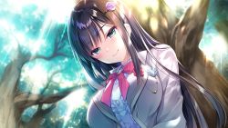 Rule 34 | 1girl, black hair, blazer, blush, bow, bowtie, closed mouth, dress shirt, flower, forest, from below, game cg, green eyes, hair between eyes, hair flower, hair ornament, hoshi no otome to rikka no shimai, jacket, kokonoe sumire, long hair, long sleeves, looking at viewer, mutou kurihito, nanotaro, nature, open clothes, open jacket, outdoors, pink flower, pink rose, red bow, red bowtie, rose, school uniform, shirt, smile, solo, sunlight, upper body, very long hair, white shirt