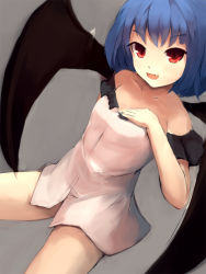 Rule 34 | 1girl, alternate costume, arm garter, bare shoulders, bat wings, blue hair, bottomless, camisole, collarbone, fang, grey background, hand on own chest, highres, looking at viewer, no pants, open mouth, reclining, red eyes, remilia scarlet, shone, short hair, simple background, sketch, solo, touhou, wings