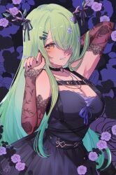 Rule 34 | 1girl, absurdres, antlers, black choker, black nails, breasts, ceres fauna, ceres fauna (goth), choker, cleavage, cowboy shot, crinoline, goth fashion, gradient hair, green hair, hair ornament, hair over one eye, hairclip, heart, heart choker, highres, hololive, hololive english, horns, jewelry, kokomi (aniesuakkaman), large breasts, long hair, multicolored hair, nail polish, necklace, official alternate costume, solo, virtual youtuber, yellow eyes