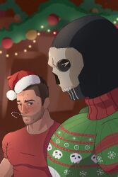 Rule 34 | 2boys, absurdres, alternate costume, bara, black hair, blush, call of duty, call of duty: modern warfare 2, candy, candy cane, christmas, christmas tree, facial hair, food, from side, ghost (modern warfare 2), girl staring at guy&#039;s chest (meme), hat, highres, kiro (kirokadura), large pectorals, looking at another, looking at pectorals, looking down, male focus, mask, mature male, meme, multiple boys, muscle envy, muscular, muscular male, nervous sweating, pectorals, profile, santa hat, short hair, skull mask, skull print, soap (modern warfare 2), stubble, sweat, sweater, thick eyebrows, undercut, upper body, yaoi